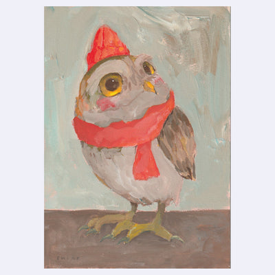 Painting of an owl wearing an orange beanie and a knit scarf.