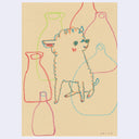 A whimsical hand-drawn white fluffy dog surrounded by colorful line-drawn bottle silhouettes in red, blue, green, and pink on a textured beige background, with the signature 'Shino' in the bottom right corner.