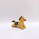 Ceramic sculpture of a brown horse with a black mane and tail, with a blanket on its back and poppy flower designs on the side of its body.