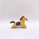 Ceramic sculpture of a brown horse with a black mane and tail, with a blanket on its back and poppy flower designs on the side of its body.