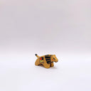 Small ceramic sculpture of a brown lion, with a flat, painted mane, and a multicolor emblem on the side of its body.