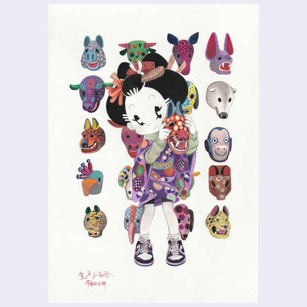 Colorful illustration of a character with animal masks on a white background