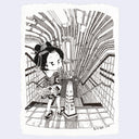 Ink illustration of a girl standing with a skateboard behind her back at the top of the stairs in a subway station.