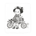Illustration of a cartoon character wearing a geisha wig, leaning up against a motorbike.