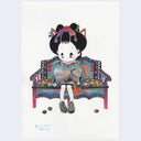 Colorful illustration of a character sitting on a decorated bench with a white background.
