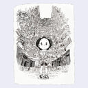 Ink drawing of a character standing in front of a series of very tall apartment style buildings.