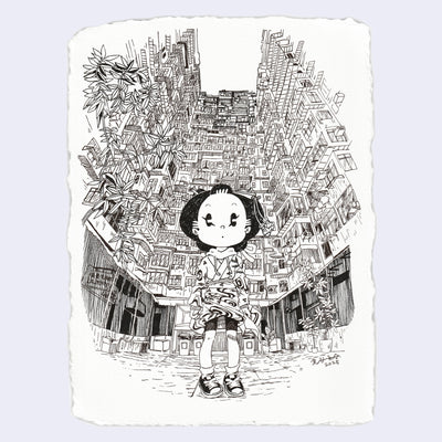 Ink drawing of a character standing in front of a series of very tall apartment style buildings.
