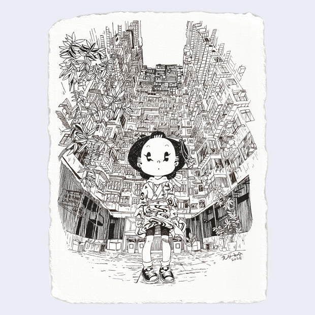 Ink drawing of a character standing in front of a series of very tall apartment style buildings.