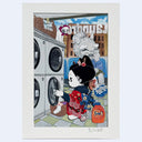 Illustration of a character at a laundromat loading into a laundry machine. 