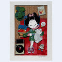 Illustration of a character laying on a red rug with a dog and listening to records.