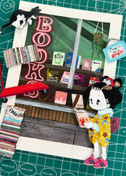 Illustration of a character standing in front of a bookstore and reading a book off of a book cart, which has a cat sitting atop of it.