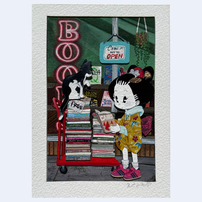 Illustration of a character standing in front of a bookstore and reading a book off of a book cart, which has a cat sitting atop of it.