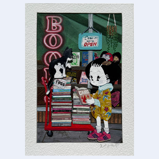 Illustration of a character standing in front of a bookstore and reading a book off of a book cart, which has a cat sitting atop of it.