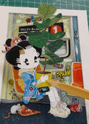 Illustration of a character in a subway, sitting while carrying a large potted plant.