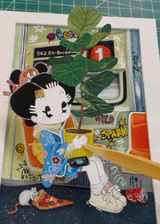 Illustration of a character in a subway, sitting while carrying a large potted plant.