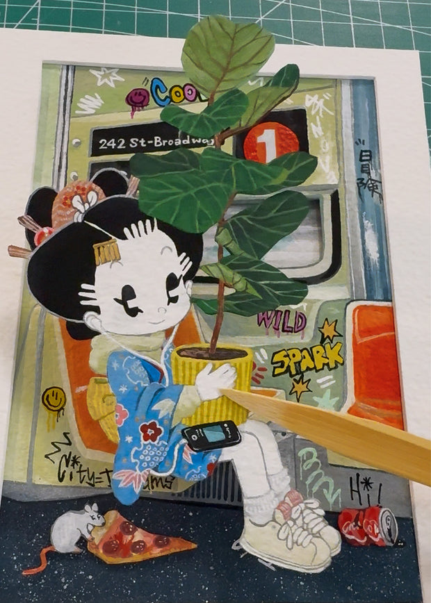 Illustration of a character in a subway, sitting while carrying a large potted plant.