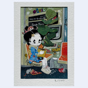 Illustration of a character in a subway, sitting while carrying a large potted plant.