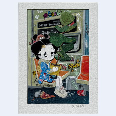 Illustration of a character in a subway, sitting while carrying a large potted plant.