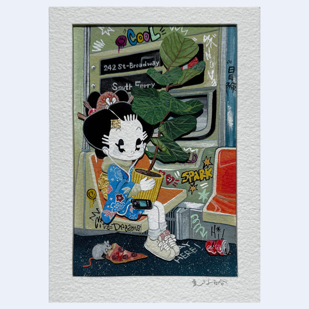 Illustration of a character in a subway, sitting while carrying a large potted plant.