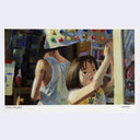 Painting of a film still from Shoplifters of 2 girls, one puts up some sort of colorful contraption and the other faces away.