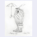 Softly rendered graphite illustration on off white paper of a weird looking fish holding an umbrella and a shopping bag, nude aside from a pair of dress shoes.