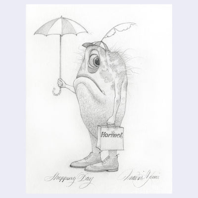 Softly rendered graphite illustration on off white paper of a weird looking fish holding an umbrella and a shopping bag, nude aside from a pair of dress shoes.