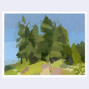 An impressionistic landscape painting of green pine trees on a grassy hill under a light blue sky, presented with a white border on a light gray background.