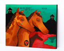 Painting of 2 brown horses, one is crying and the other has an exposed heart. One says "do you regret any of it?" and the other says "never"