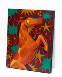 Painting of an orange horse with spotting, in a half-jump with a sparkle for an eye. It has a bright red outline against a burgundy background with green and gold sparkle patterns.