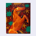 Painting of an orange horse with spotting, in a half-jump with a sparkle for an eye. It has a bright red outline against a burgundy background with green and gold sparkle patterns.