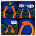 Illustration divided into 4 panels like a comic of 2 orange long neck dinosaurs, looking up at a falling meteor.