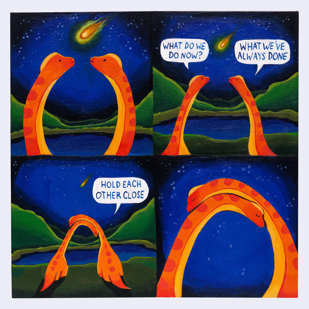 Illustration divided into 4 panels like a comic of 2 orange long neck dinosaurs, looking up at a falling meteor.
