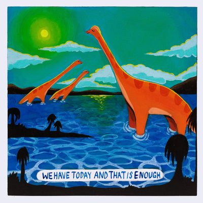 Artistic depiction of dinosaurs by a lake with a motivational quote.