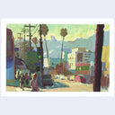 An impressionist-style painting of a street scene with palm trees, buildings, utility poles, and small figures of people walking, shown with a white border on a light gray background.