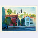 A watercolor painting of a suburban street corner with houses, palm trees, a traffic light, and a blue car, shown on a light background.
