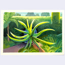An artwork featuring a colorful watercolor painting of a bright green aloe vera plant in a lush tropical garden, presented on a light gray background.