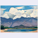 A landscape painting featuring a calm lake in the foreground, a sandy shoreline with sparse green trees, layered blue mountains in the midground, and dramatic white clouds against a bright blue sky.