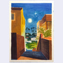 A watercolor painting of a nighttime street scene viewed from an alleyway, with warm yellow-orange buildings, a dark blue sky, moon, palm trees, and greenery. The artwork is shown with a white paper border around it.