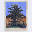 A textured paper painting of a building with several windows and a large dark tree positioned largely in front of it, under a blue sky.