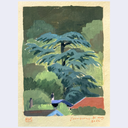 A textured paper painting depicting a lush green landscape with a prominent blue-green tree, a small figure, and a red roof, signed and dated 2026.