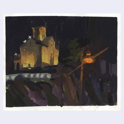 Plein air night time painting of an illuminated building atop of a hill, with a lamppost shining in the foreground.