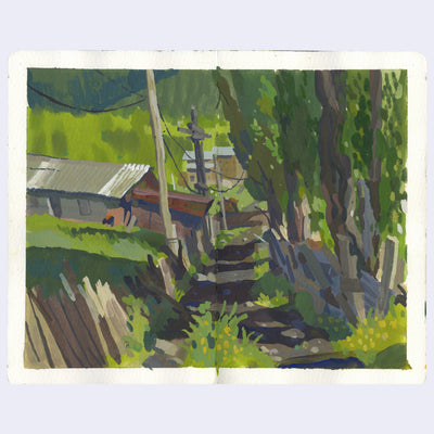 Plein air painting of a rural road, with slanted fences and lots of greenery. A house and telephone poles line the path.