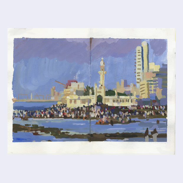 Plein air painting of a busy city skyline, with tall white buildings against a purple sky.