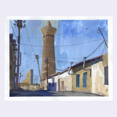 Plein air painting of an alleyway behind small tan houses with lots of angled telephone and power poles lining it. In the background is a tall tan tower with a pointed roof.