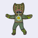 Illustration made with many lines, giving it the feel of a folk art woodcut on a die cut wood panel of a cat character with 3 sets of eyes. It wears green knit clothing and stands with its arms outstretched. It has a speech bubble with a yellow geometric pattern within it.