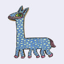 Illustration made with many lines, giving it the feel of a folk art woodcut on a die cut wood panel of a long necked character with 6 legs. Its body is cloud patterned.