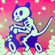 It's a skeleton riding a scooter and maybe it's a bear, you can see the outside around the skeleton.