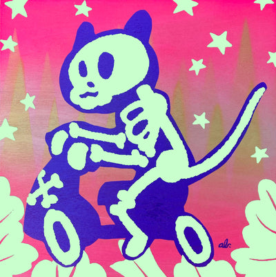It's a skeleton riding a scooter and maybe it's a bear, you can see the outside around the skeleton.