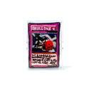 A collectible custom trading card featuring a hand-painted skull and dice illustration, housed in a clear protective plastic display case against a white background.