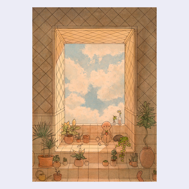 Ink and watercolor drawing on toned paper of a large tiled window nook, with a blue cloudy sky. The nook is lined with potted houseplants and a small round headed character sits in the nook.